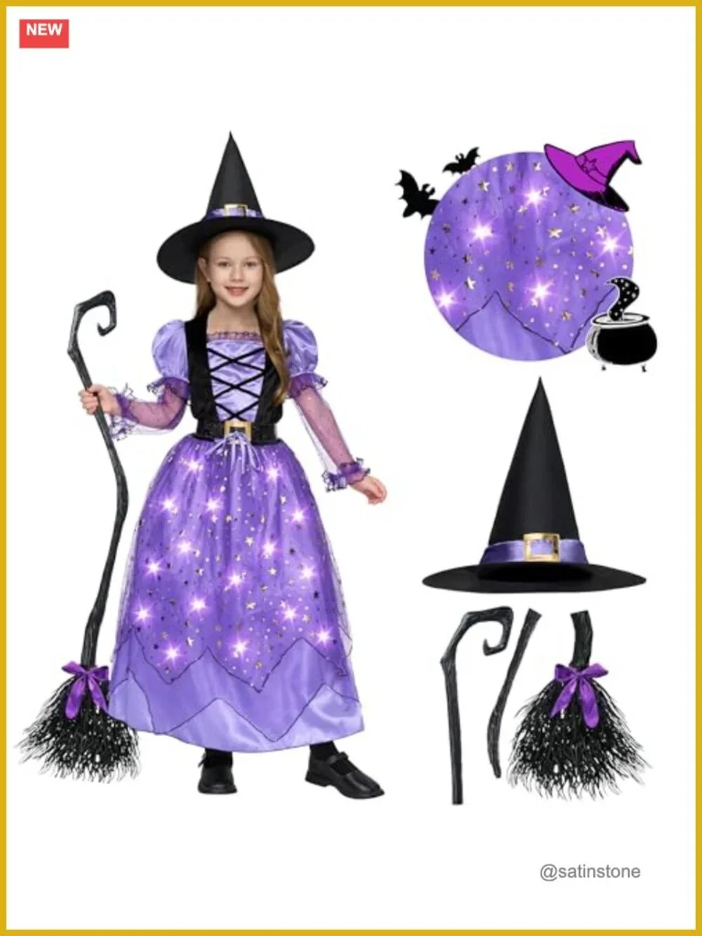 Girls Witch Costume with Light Up Starry Dress, Halloween Role Play Outfit,